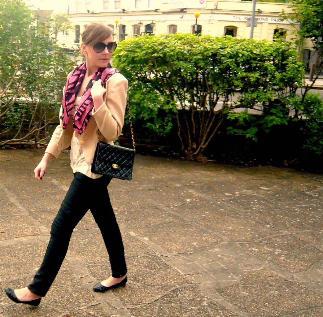 Edita in Dior jacket, Cavalli scarf, Gucci sunglasses, Lauren trousers, Chanel bag, ASH shoes